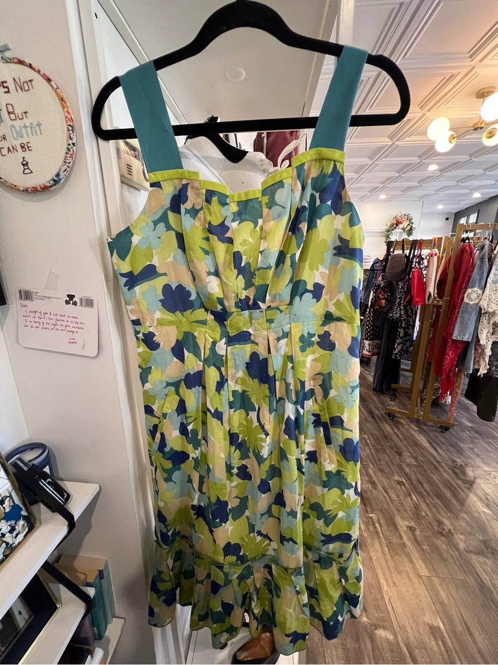 Floral Sleeveless A-Line Dress in Teal and Lime